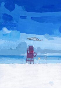 Blue by Jim Salvati - red lifeguard chair with umbrella on the beach with blue skies and water.