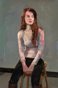 Lauren - painting by Jim Salvati- Young girl sitting on a stool.