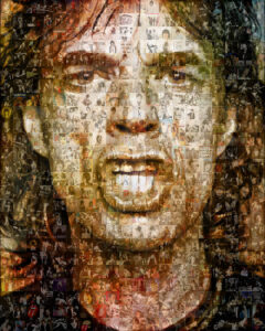 Mick Jagger mosaic by Robin Austin - colorful portrait of Mick Jagger made up of smaller images of the rock star