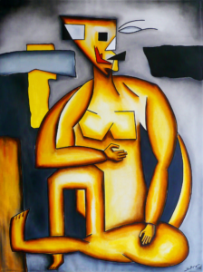 Neo Cubist Woman - a contemporary artwork, featuring gold abstract geometric shapes to form a "woman"
