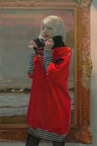 Seascape giclee by Jim Salvati - Girl in red coat standing in front of a framed painting