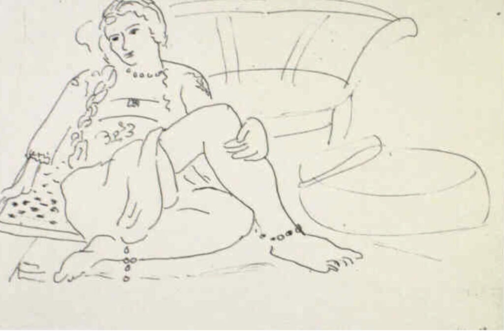 Henri Matisse pencil sketch of person lounging against a chair.